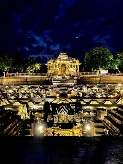 Lighted up Modhera Sun Temple at night