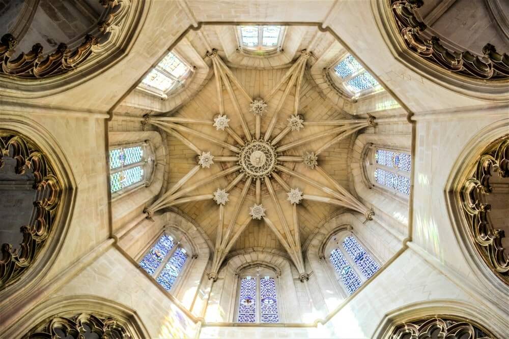 The intricately designed ceiling of Batalha Monastery in Central Portugal