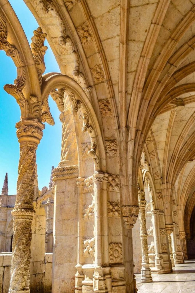 Beautiful arches of Jeronimos Monastery in Belem Portugal