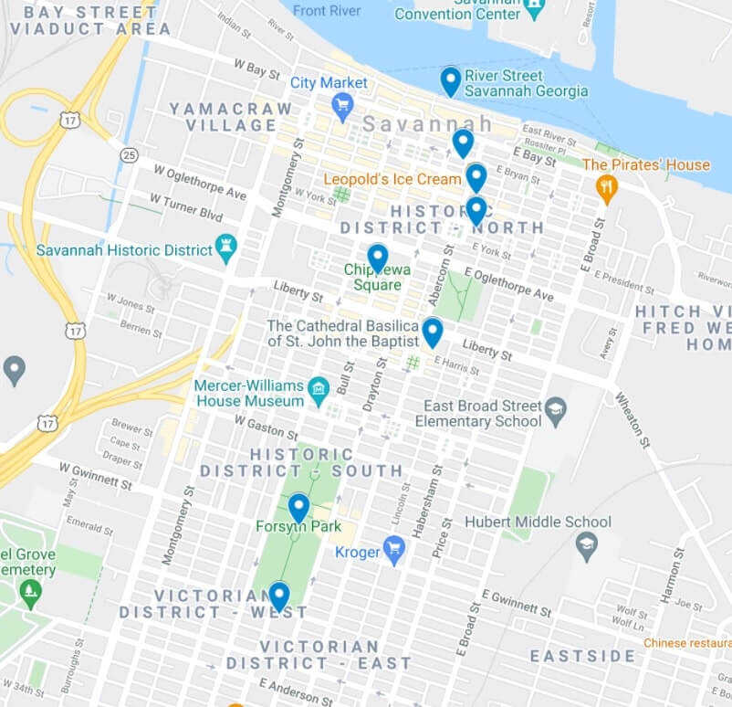 Map of things to do in Savannah GA in one day