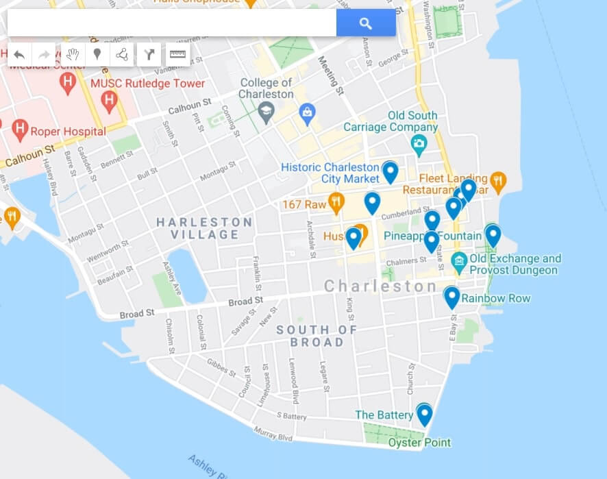 Map of one day in Charleston itinerary