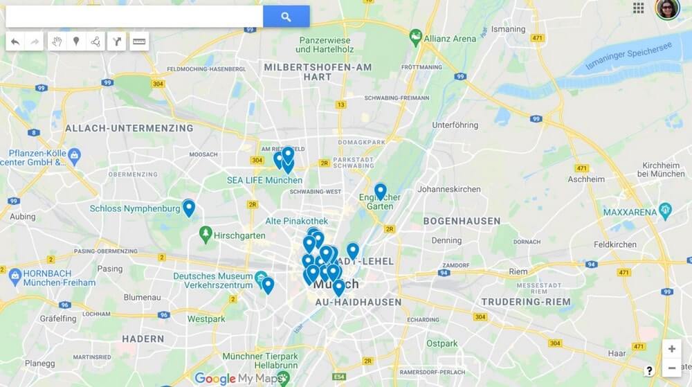 Interactive map for best places to visit in Munich