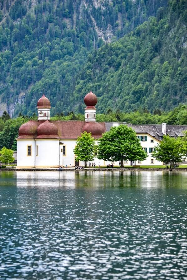 Picturesque St. Bartholomew Church on the shores of Lake Konigsee