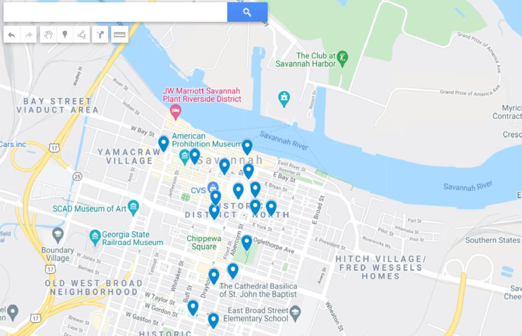 Map of historical places in Savannah Georgia
