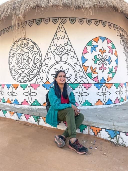 Author near a bhunga at Rann Utsav Tent City