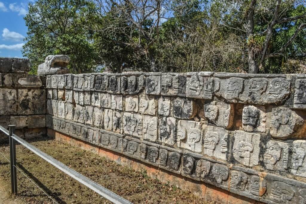 The scary wall of skulls in Chichen Itza Mexico