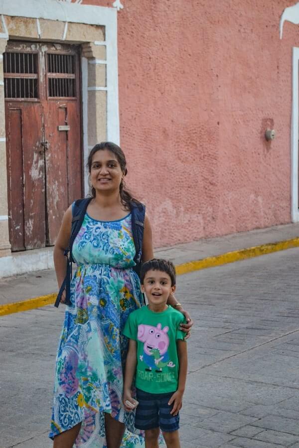 Soumya and son on the streets of Valladolid.