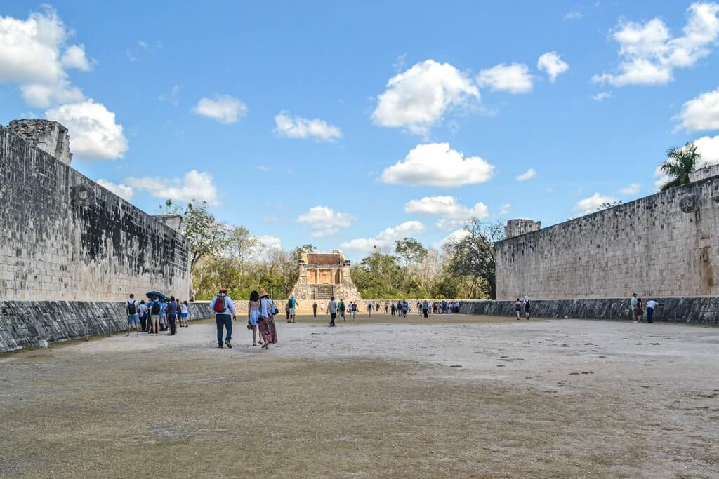 Great Ball Court and Temple of Bearded Man at Chichen Itza Mexico