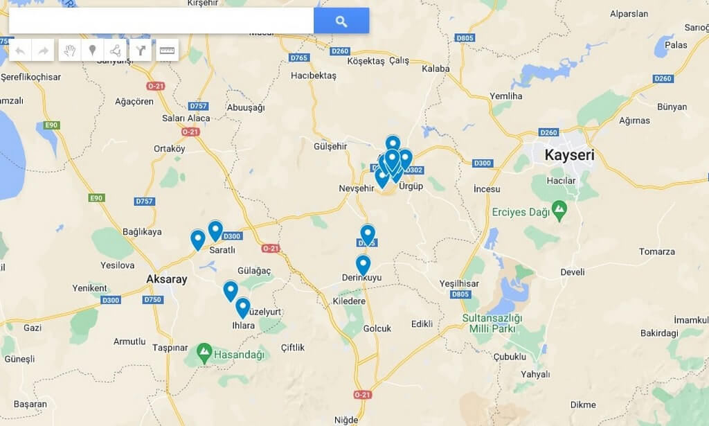 Interactive map of the best attractions in Cappadocia