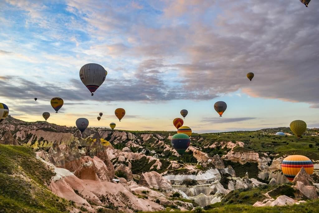 view of hot air balloons in Cappadocia