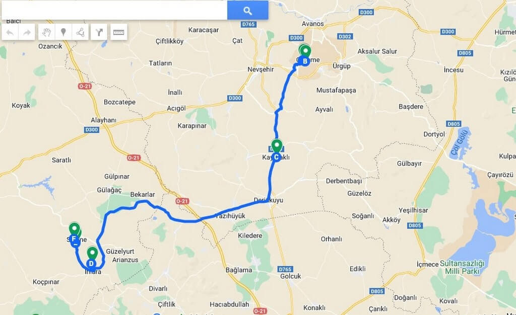 map for green tour itinerary in Cappadocia