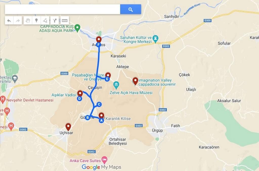 map of Red Tour itinerary in Cappadocia