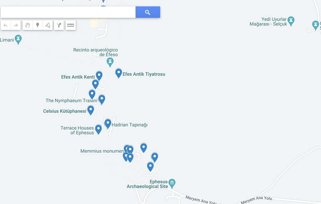 Interactive map of attractions in and around Ephesus ancient city