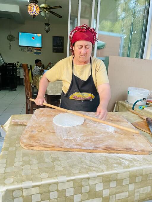 Woman preparing gozleme on the streets of Selcuk