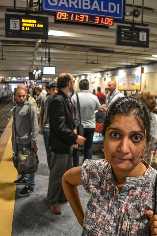 Waiting to board a train from Napoli Garibaldi station