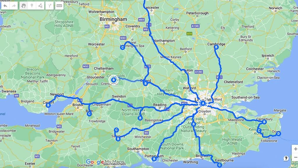 Map of best weekend trips from London