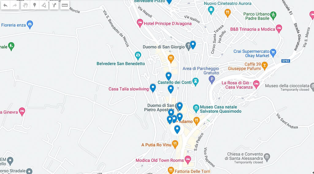 Map of attractions in Modica Sicily