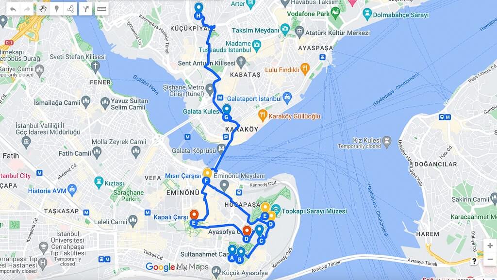 Interactive map of best things to see in Istanbul in one day