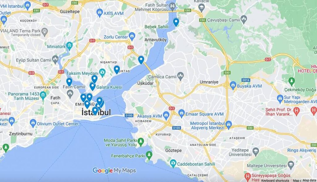 Beautiful places in Istanbul map