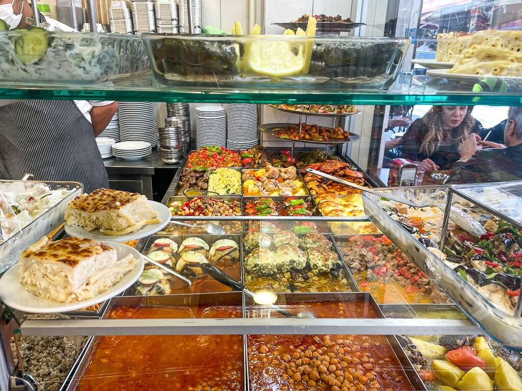 food on display at a traditional lokanta in Istanbul