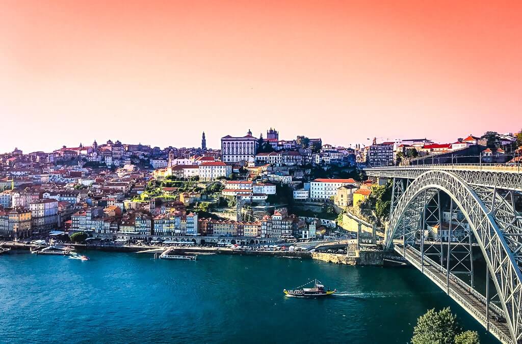 Sunset over the Dom Luis Bridge in Porto