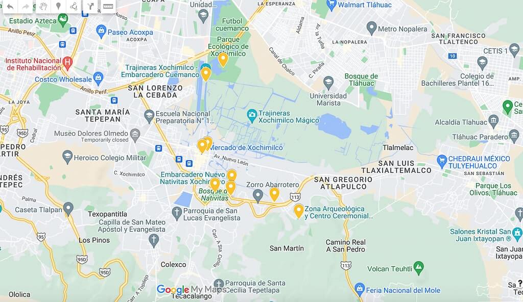 Interactive map of all the best things to do in Xochimilco, Mexico