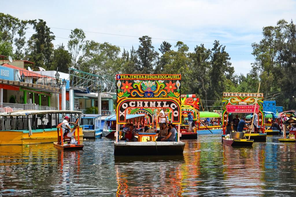 Colorful trajineras in Xochimilco, Mexico