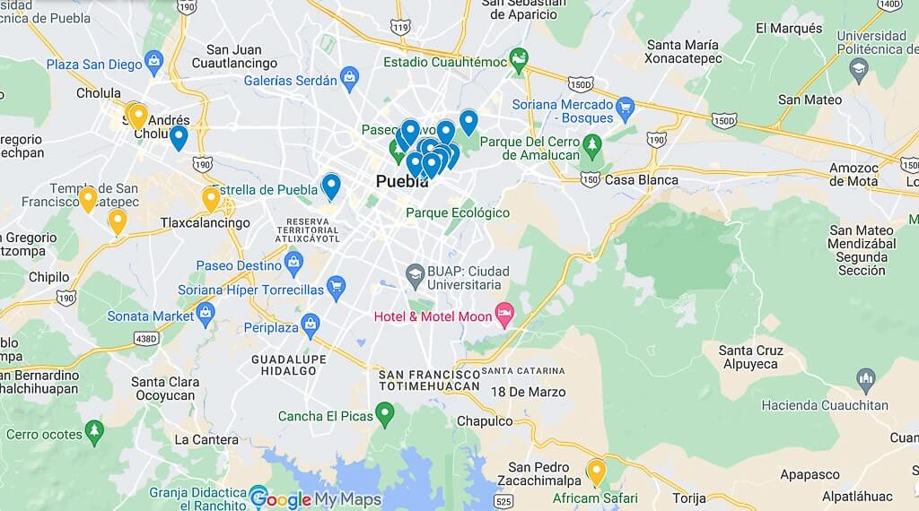 Map of all Puebla attractions