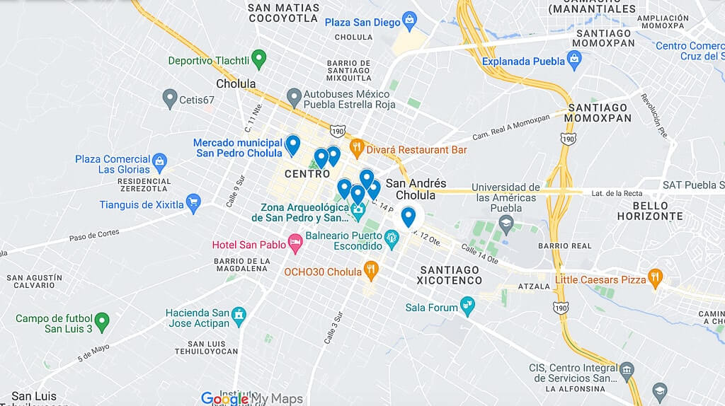 Interactive map of Cholula attractions