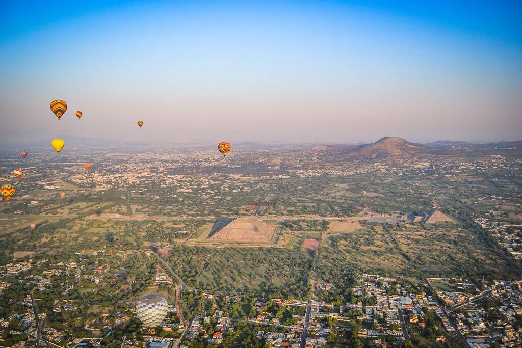 Hot air balloons over pyramids in Mexico City