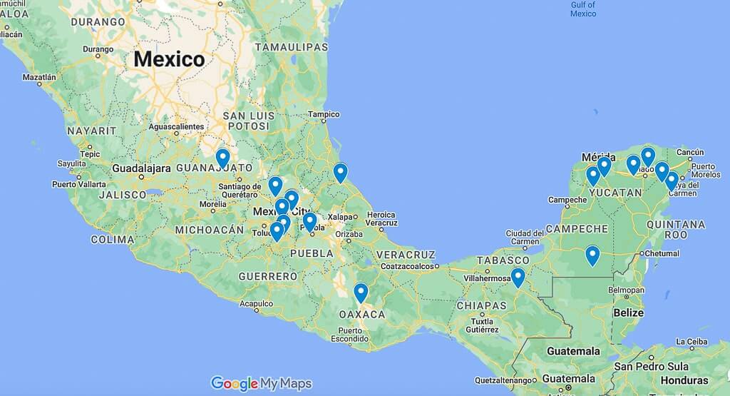 Map of the most famous pyramids in Mexico