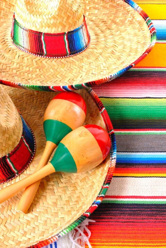 Mexican sombreros and maracas or shakers from Mexico