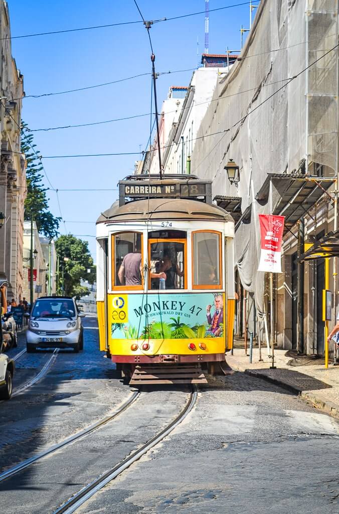 Vintage tram ride in Lisbon in spring