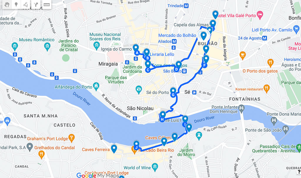 Interactive map for one day Porto itinerary