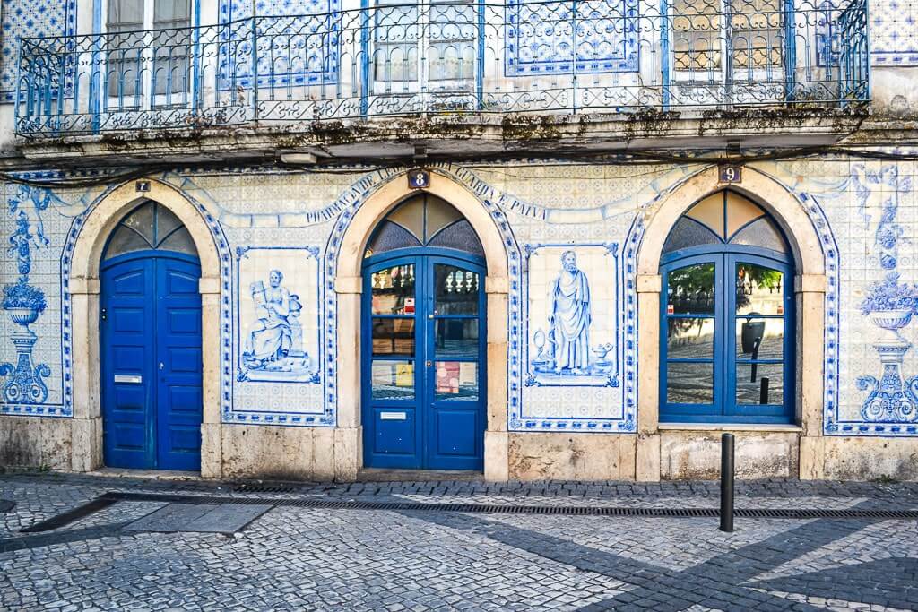 Azulejo covered wall of a pharmacy in Leiria Portugal