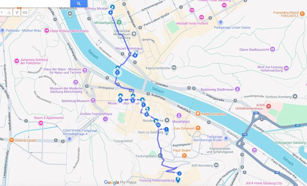Map of one day Salzburg itinerary