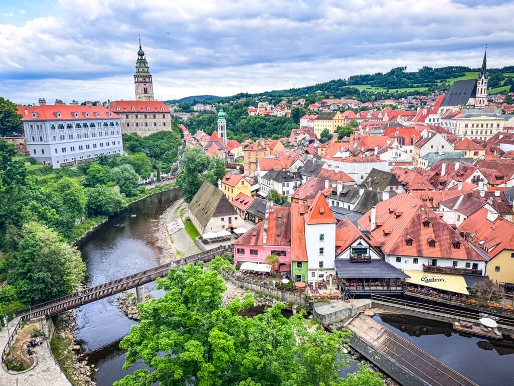 Views of Cesky Krumlov from patio ahead of the Cloak Bridge