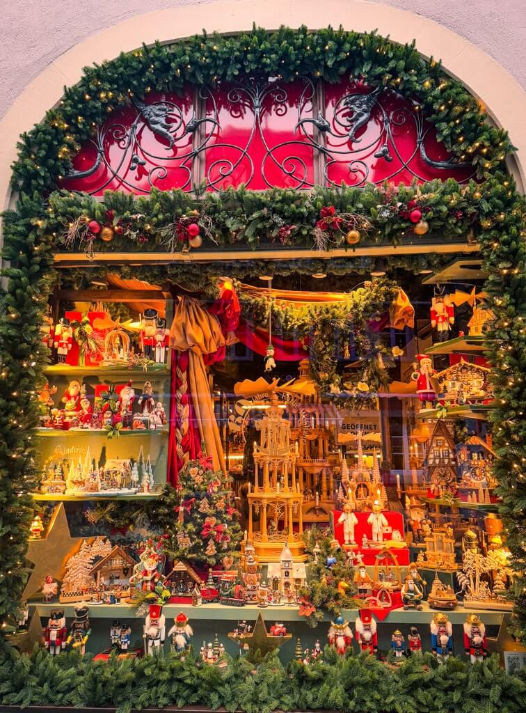 Decorated window of Kathe Wohlfahrt store in Rothenburg during Christmas